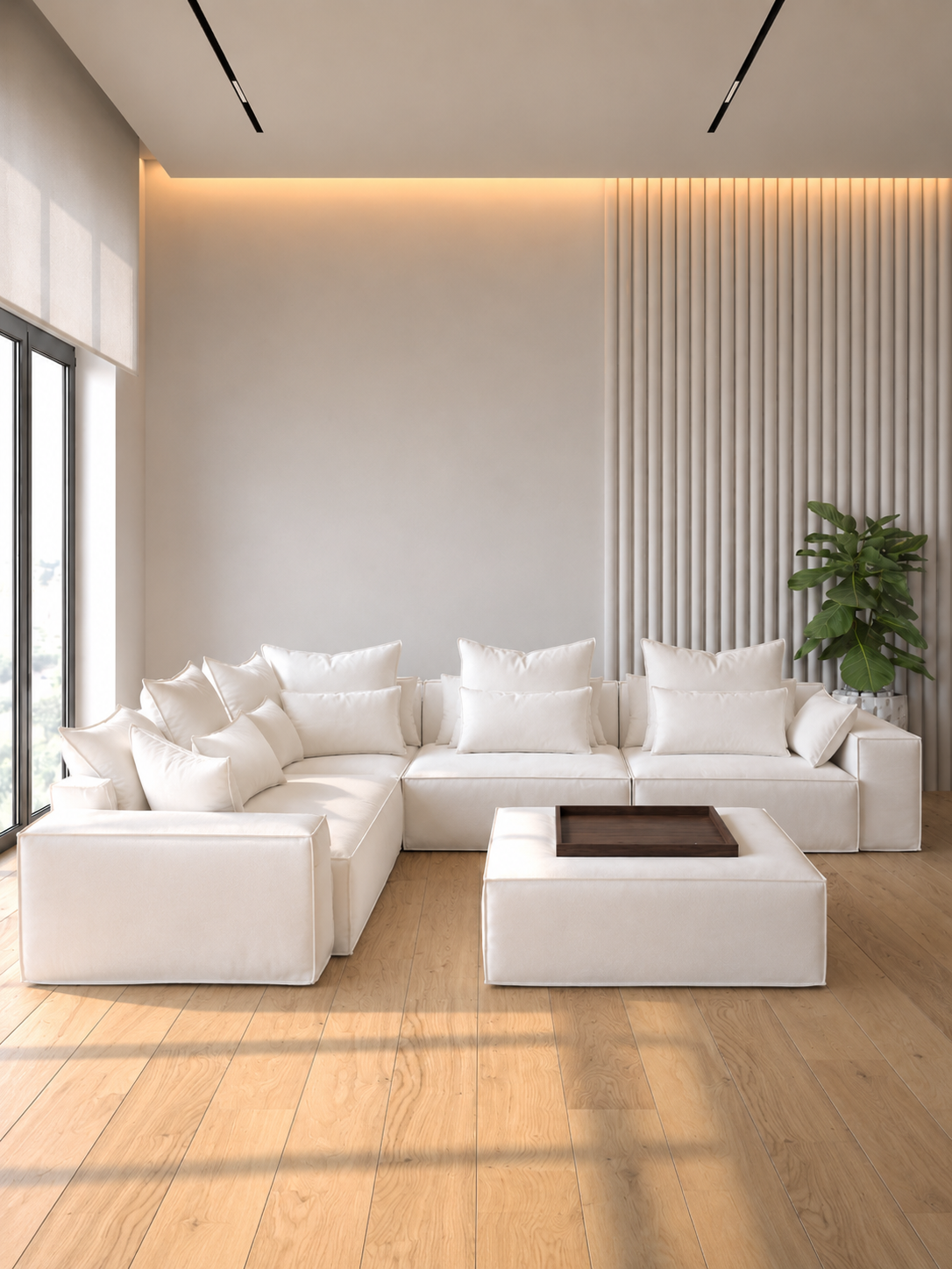 Render de diseño interior con iluminación natural y texturas orgánicas