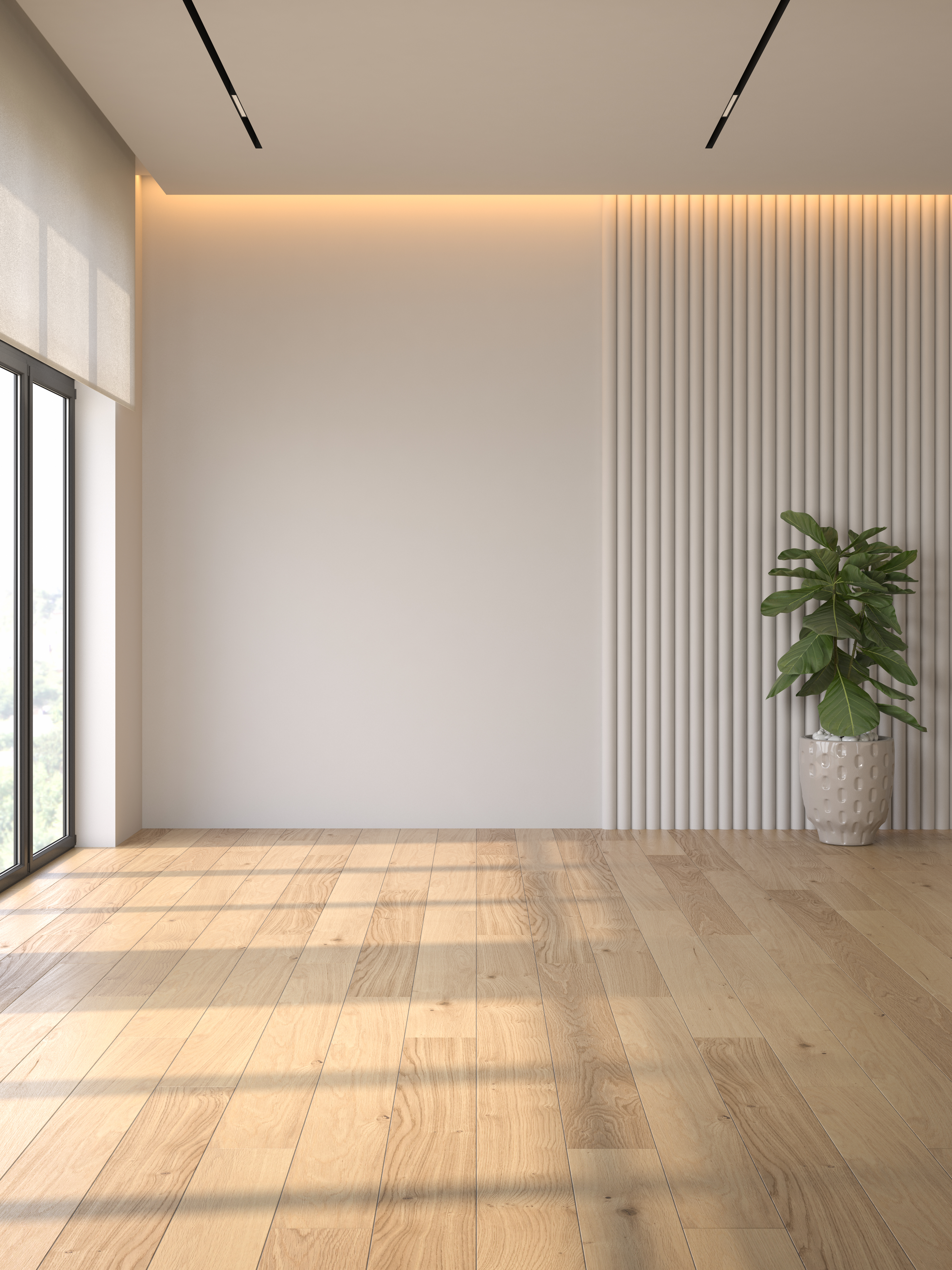 Render de interior moderno con acabados cálidos y mobiliario contemporáneo
