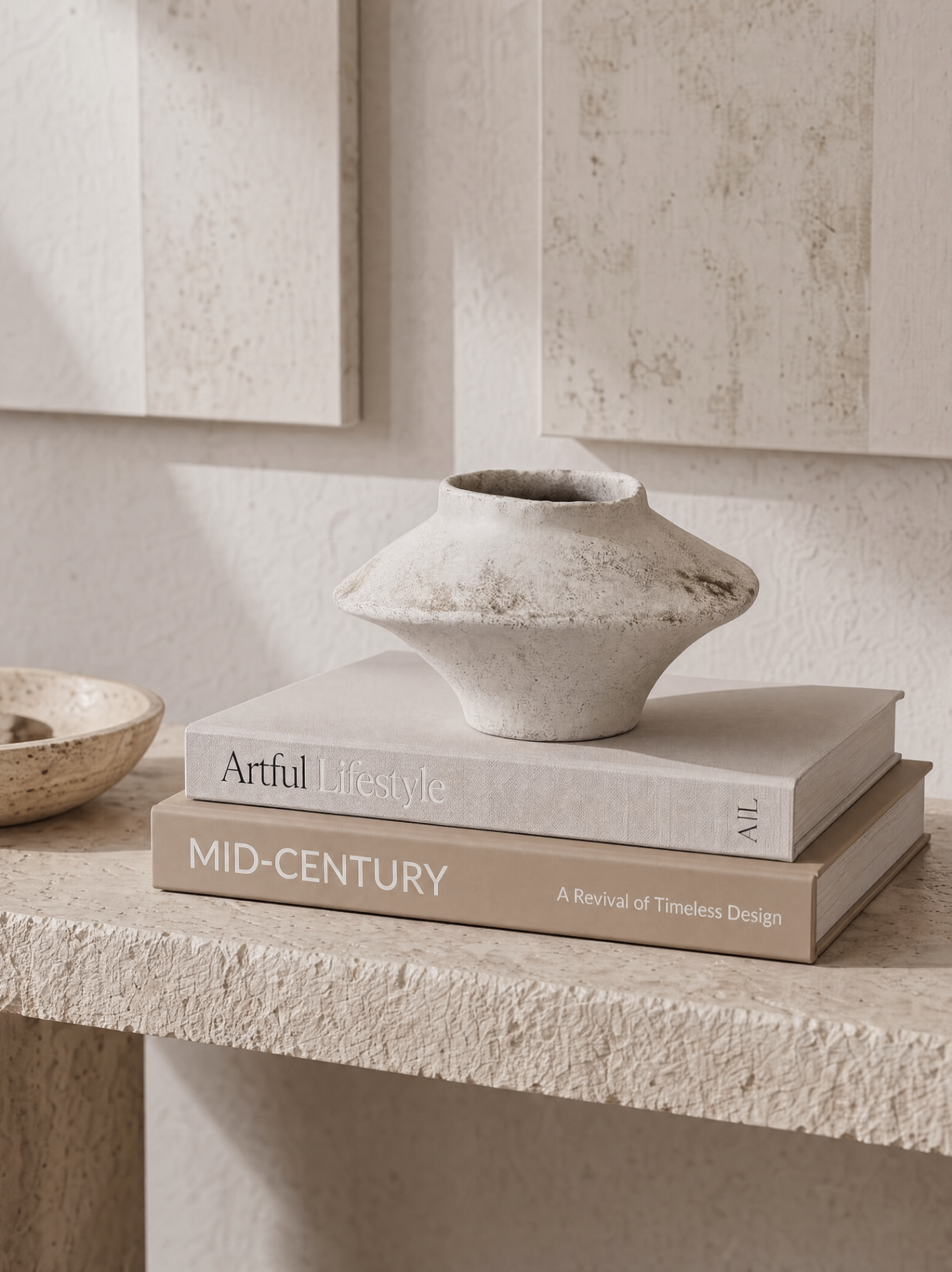 Detalle de decoración con jarrones de cerámica y libros de diseño sobre mesa de piedra